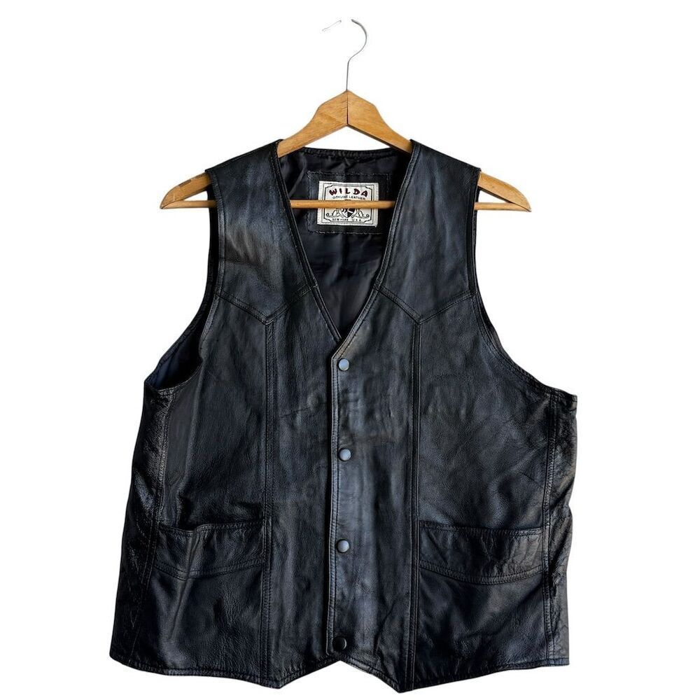 Vintage Wilda Men's Black Leather Motorcycle Vest L Biker Western Snap Button